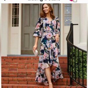 Eliza J. Navy Floral Long Sleeve High Lowfaux wrap dress size 8 Fully lined.